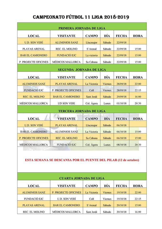 Calendario de liga temporada 2018-2019 de 11 Fiestadeportiva.com